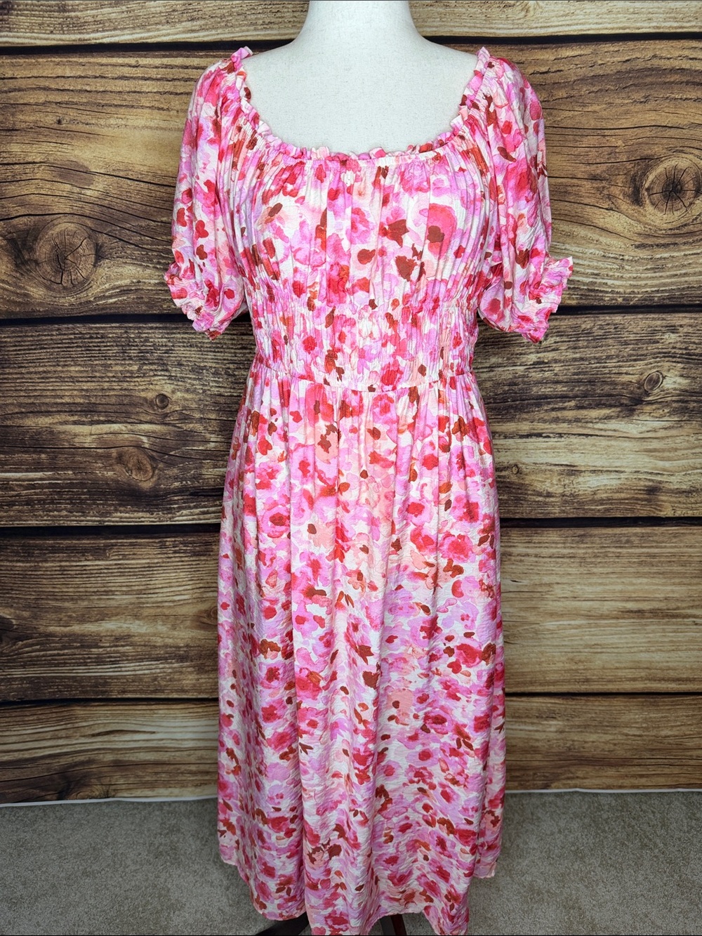 H&M Pink and Coral Floral Smocked Maxi Dress